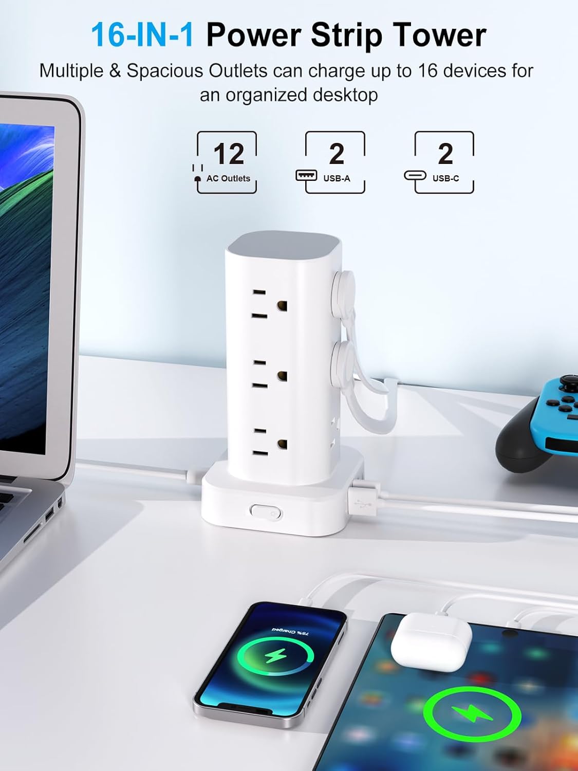 Power Strip Tower with Multiple Outlets, Flat Plug Surge Protector Tower Extension Cord with 12 AC Outlets 4 USB Ports (2 USB C), 6FT Cord Power Tower Surge Protector for Home Office Dorm Room, White