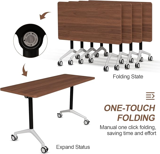 Folding Conference Table, Modern Large Conference Room Tables with Flip-Top Design, Foldable Conference Table Meeting Table with Wheels, Mobile Seminar Training Tables for Office Classroom (2, Brown)