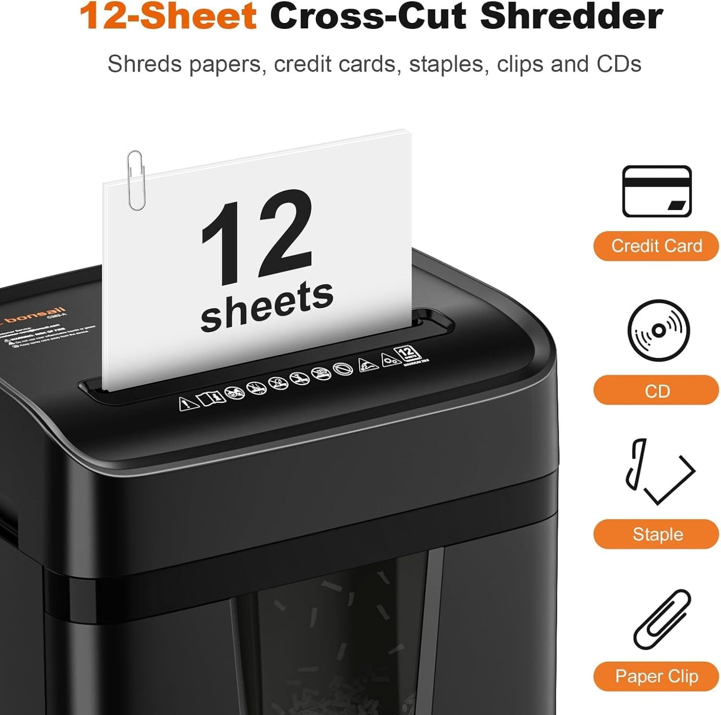 Bonsaii Paper Shredder for Home Office, 12-Sheet Heavy Duty Cross Cut Shredders for Home with 5.5 Gal Pullout Bin, Paper Shredding Machine for Document/CD/Credit Card,P-4 Security(C282-A New Version)