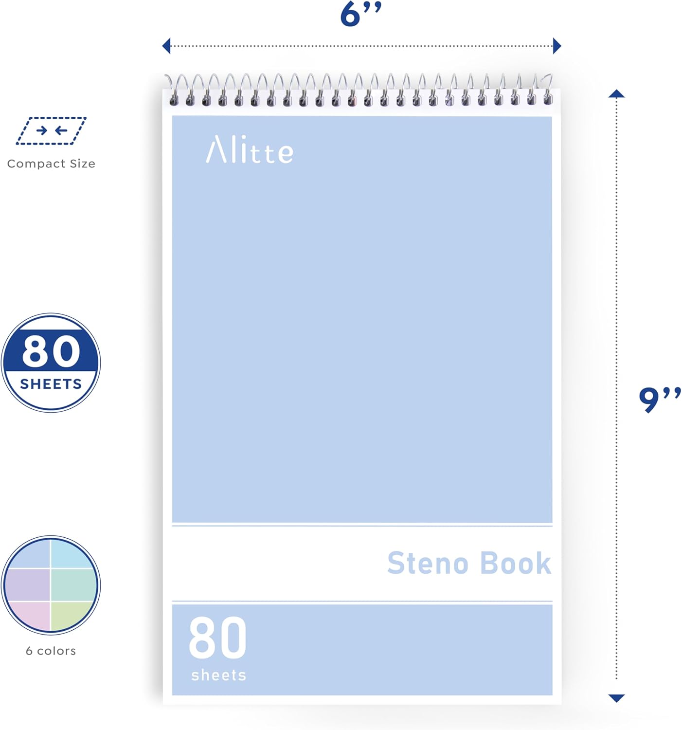 Steno Pads Spiral 6x9-12 Pack Pastel Colors - Perfect for Work, School, and Home Use, Easy Tear-Off Pages, Gregg ruled, White Paper - No Ink Bleeds - 80 Sheets