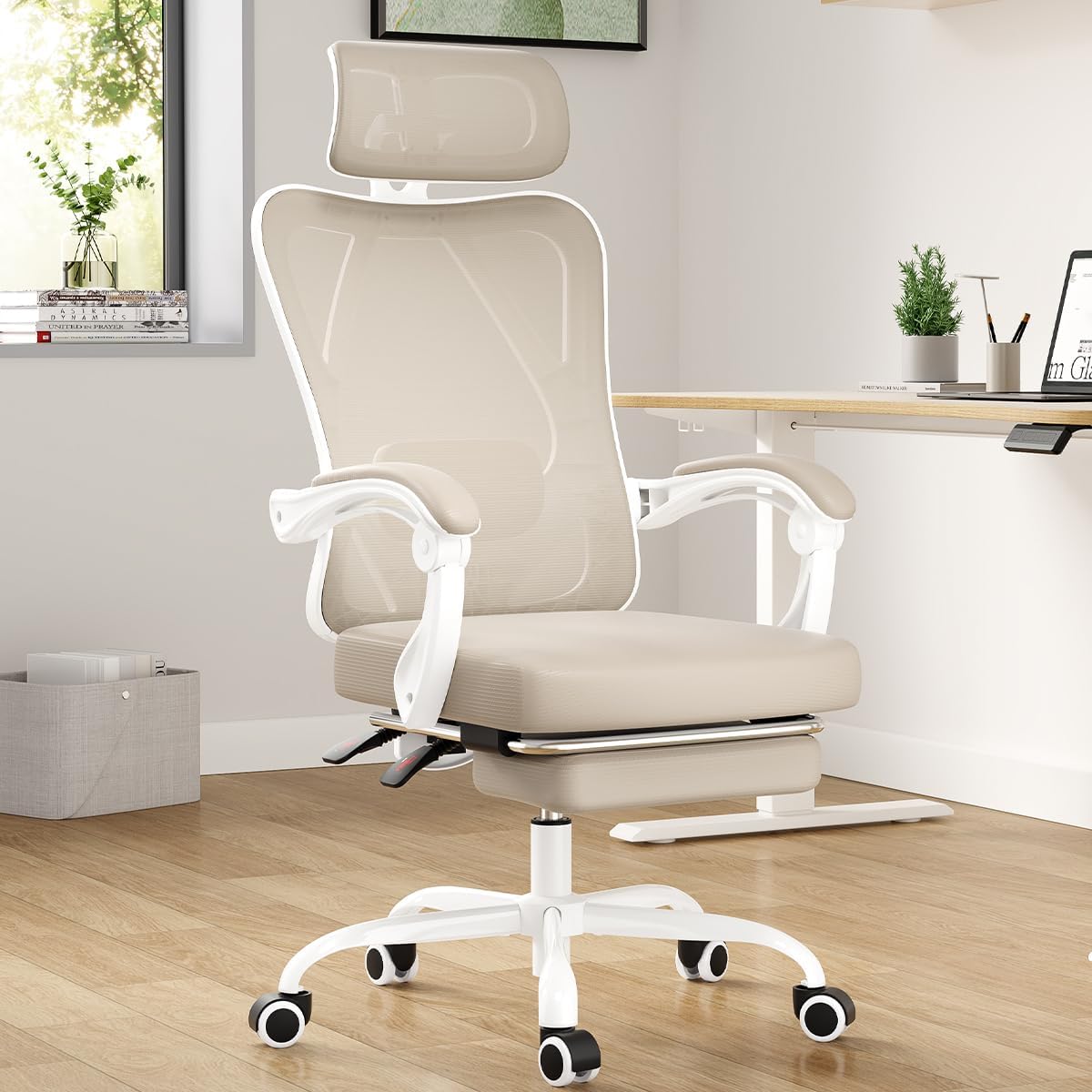 Farini Ergonomic Office Chair with Footrest, Mesh Office Desk Chair with Headrest, High Back Computer Chair with Adjustable Lumbar Support for Home Office Study Room Bedroom, White & Kakhi