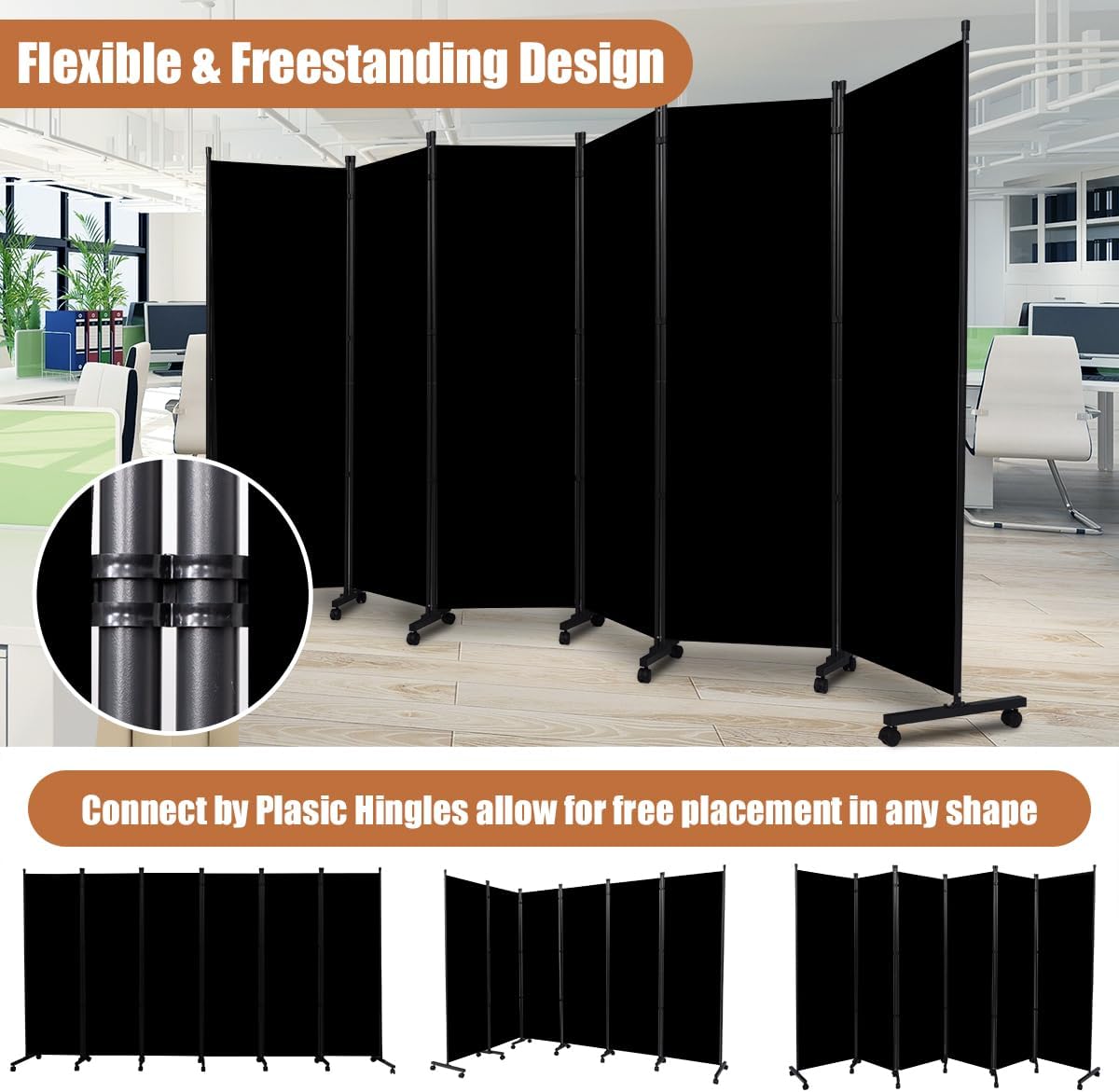 Room Divider Portable 132'' Partition Room Dividers and Folding Privacy Screens 6 Panel Wall Divider for Room Separation, Freestanding Fabric Room Divider Panel with Wheels for Home Office Hospital