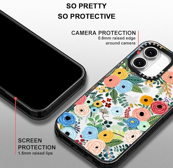 MOSNOVO Case for iPhone 16 Plus, [10ft 4X Military-Grade Drop Protection] Durable & Shockproof Phone Case Cover Design for iPhone 16 Plus - Pastel Floral Garden - Clear Black