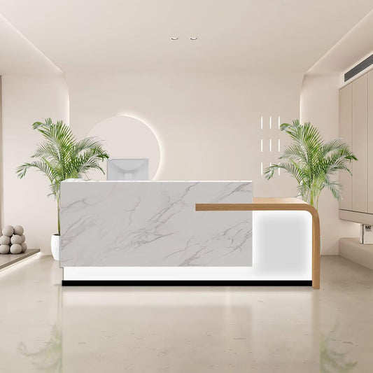 Reception Desk with Counter Modern Front Office Desk Large Reception Room Tables Checkout Counter Reception Table for Retail Lobby Beauty Salons White 94inch/240cm