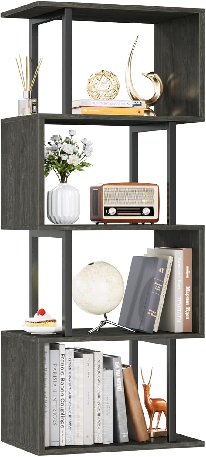 Furologee Geometric Bookshelf 5 Tier Bookcase, Industrial S-Shaped Display Storage Shelf for Small Space, Tall Metal Wood Decorative Standing Shelves for Bedroom, Living Room, Office, Black Oak