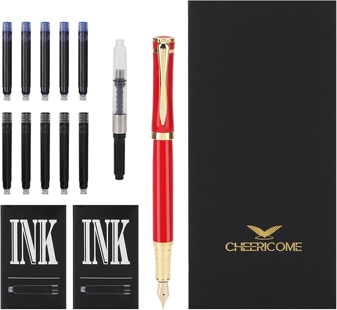 Cheericome Fountain Pen - Luxury Fountain pen set for Men & Women - Ink Pen for Smooth Writing - Fountain Pen Fine Nib，Includes 10 Ink Cartridges and Ink Refill Converter - Red