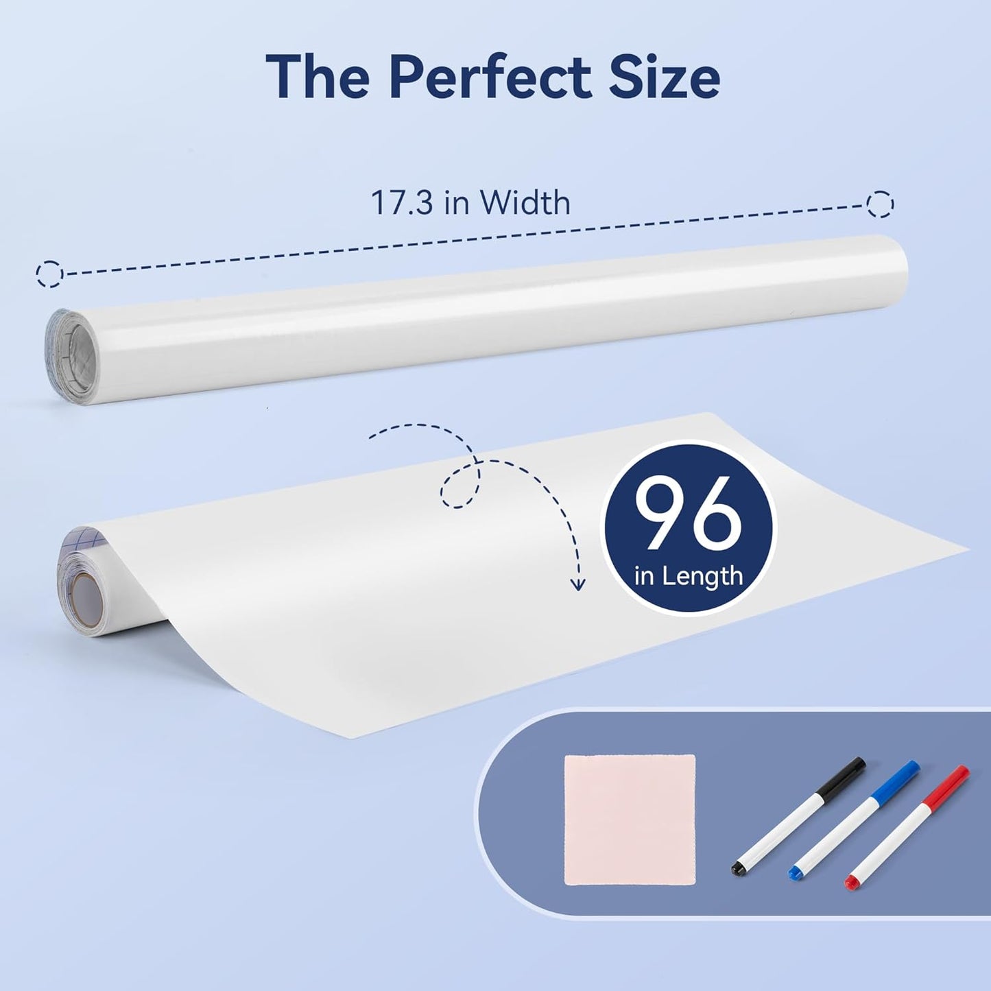 Vusign Whiteboard Sticker for Wall, 96" x 17.3" Dry Erase Board Wallpaper Peel and Stick，Self-Adhesive White Board for School, Office, Home, Kids Drawing with 3 Pen, 1 Cleaning Cloth