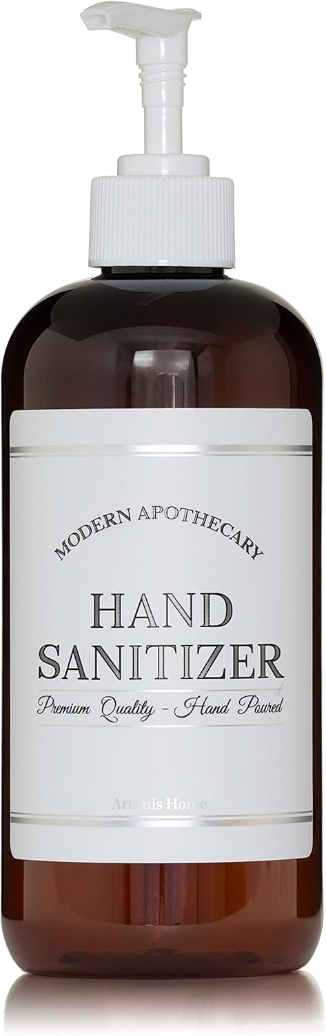 Amber PET Plastic Refillable Hand Sanitizer Pump Bottle Dispenser with White Plastic Pump, 16 oz with Waterproof Labels, Empty Reusable Container for Home, Kitchen, Bathroom, Office, Business