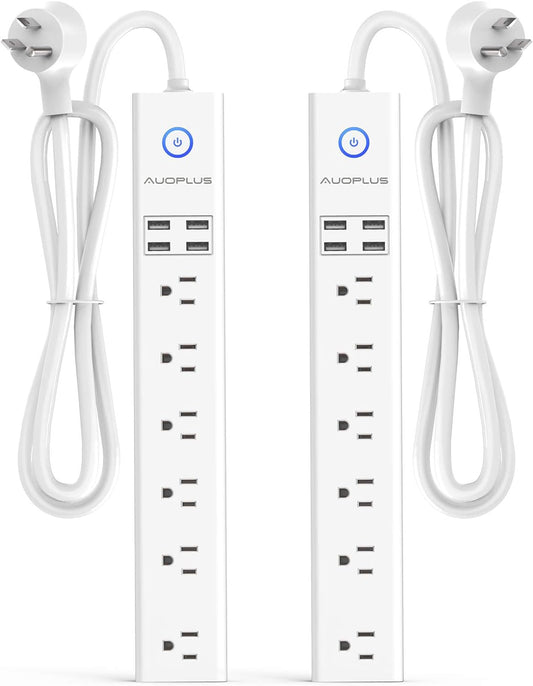 2 Pack Power Strip Surge Protector Flat Plug - 6 Widely Spaced Outlets 4 USB Charging Ports, 2100J/10A with 6Ft Long Extension Cord, Overload Surge Protection, Wall Mount for Home Office