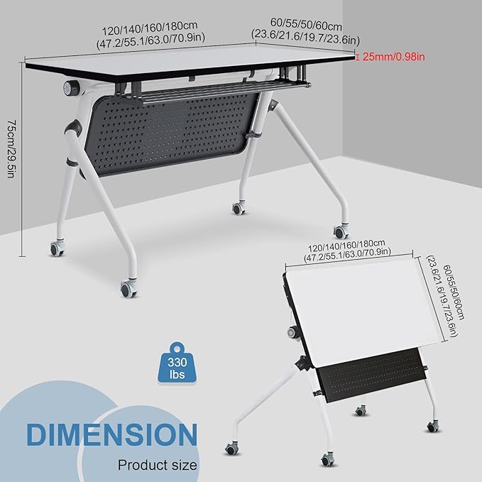 Conference Table, Folding Conference Room Tables, Mobile Training Tables with Silent Wheels, Large Rectangular Modular Seminar Table Office Computer Desks for Classroom White (6Pack L47.2in)