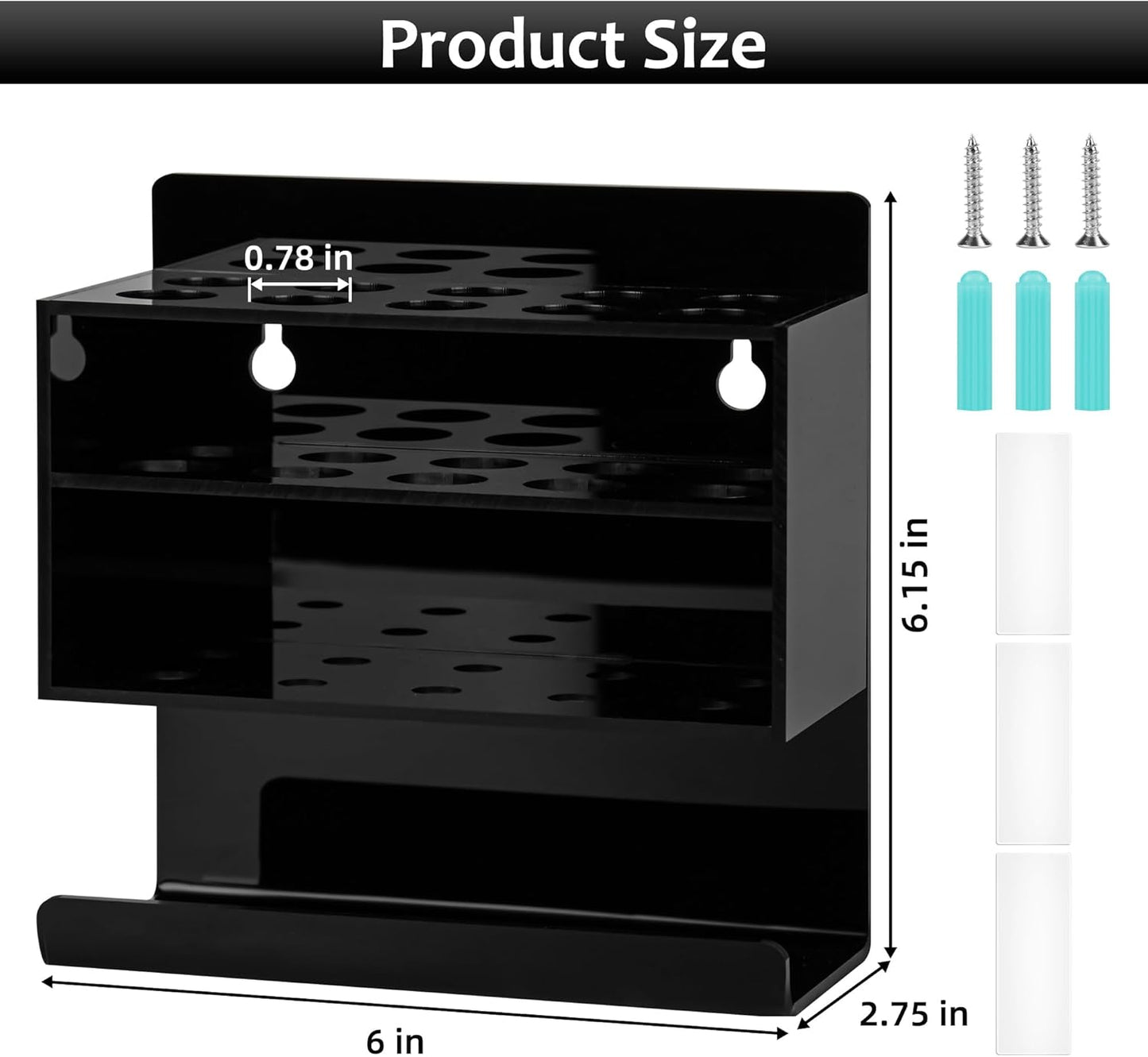 Dry Erase Marker Holder, Wall Mounted Acrylic Marker Holder with 10 Slots, Sticky Pen Storage for Classroom Organization, Whiteboard, Office, Black