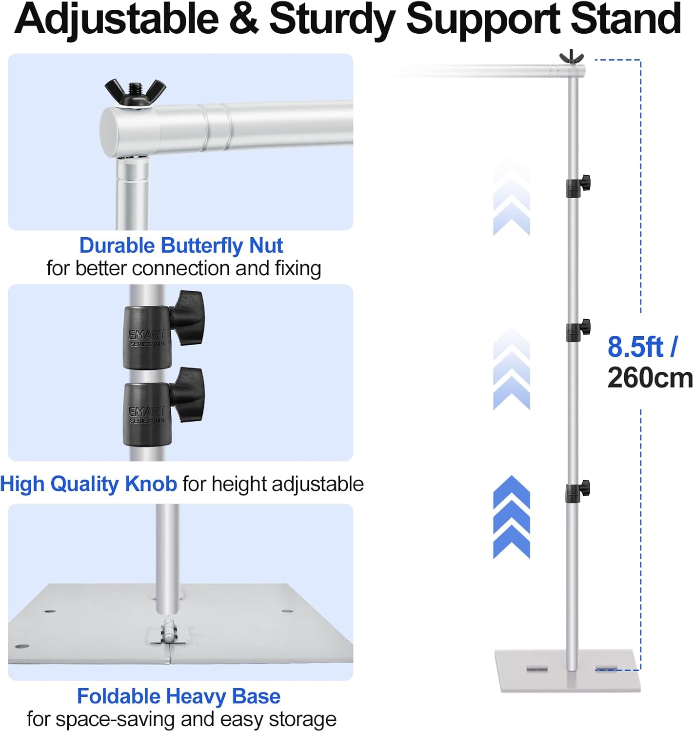 EMART Backdrop Stand, 8.5x10ft Width Adjustable Photography Background Support Poles with Heavy Duty Flat Base, Photo Metal Steel Pipe and Drape Frame Kit for Parties Birthday Wedding - Silver