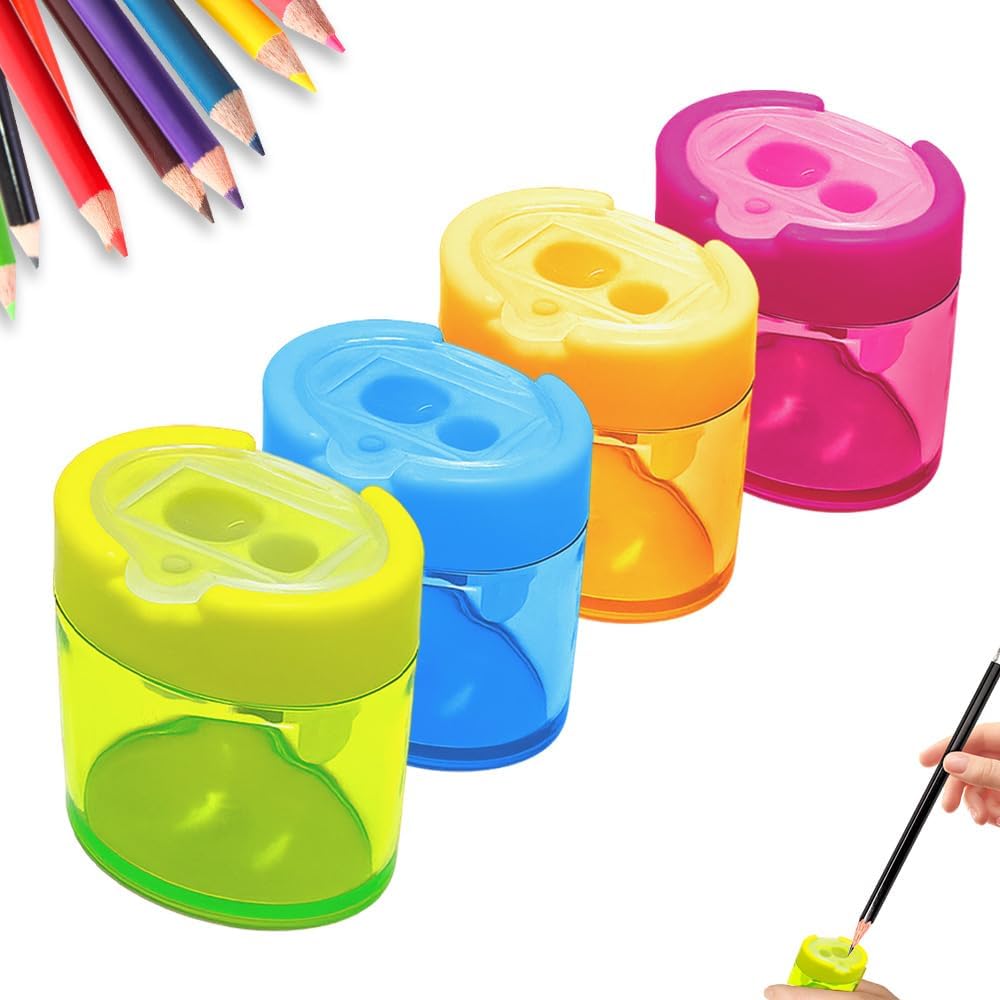 4 Pcs Pencil Sharpeners with Lid, 2025 New Small Dual Hole Manual Pencil Sharpener, Colored Handheld Pencils Sharpener for Classroom Home Office Back to School Supplies (Oval)