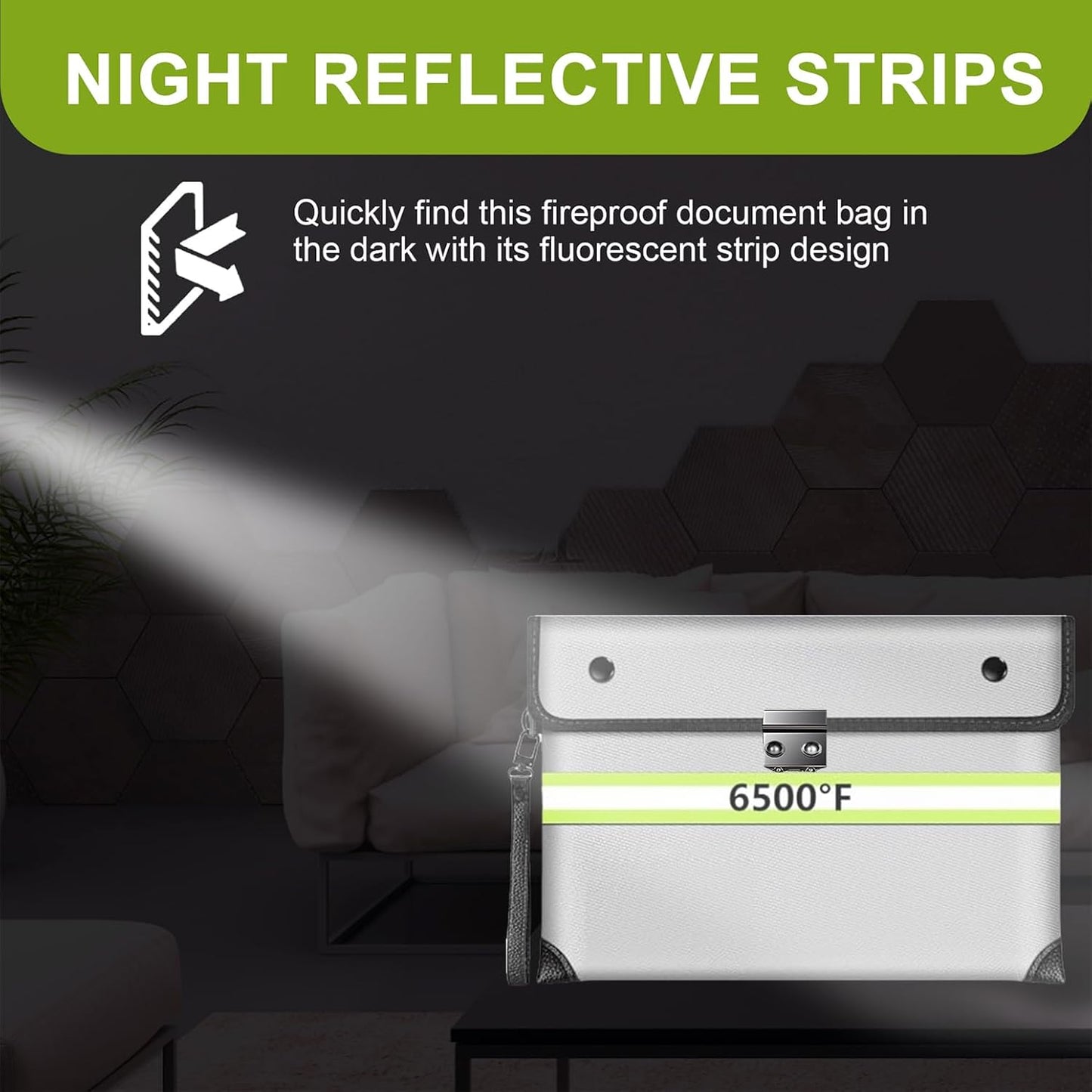 6500°F Fireproof Document Bag with Lock,Upgraded Fireproof/Waterproof Money Bag with Zipper/Reflective Strip,Storage Pouch for A4 Letter Size Document,Cash,Cell Phone,Passport（Not Fit A4 Files）