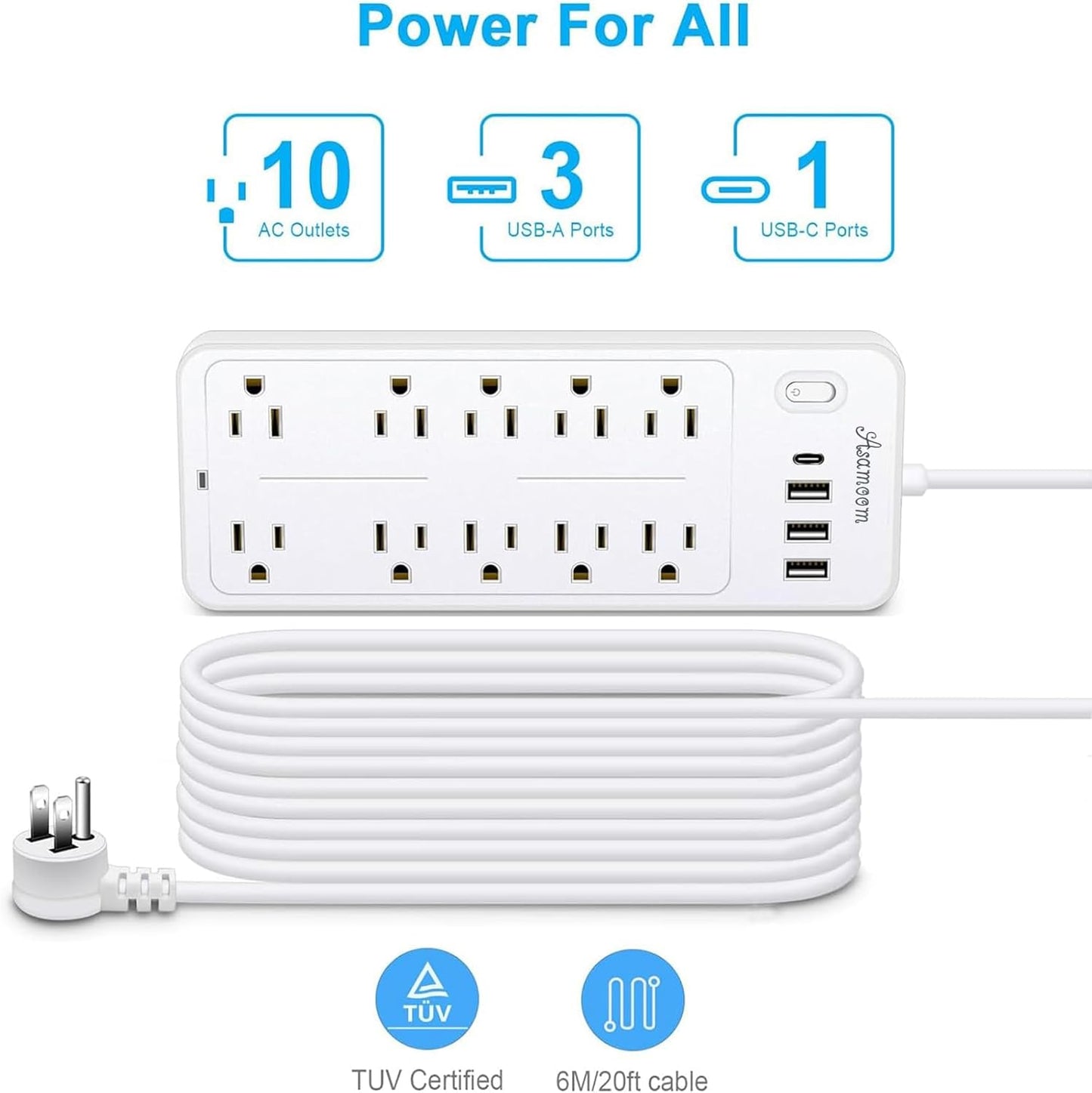 20FT Power Strips with Surge Protection 1625W/13A, 10 Outlets with 4 USB Ports (1 USB C) Long Extension Cord with Multiple Outlets 14-in-1 1700J 16Awg Flat Plug Power Strip Protector White ETL Listed