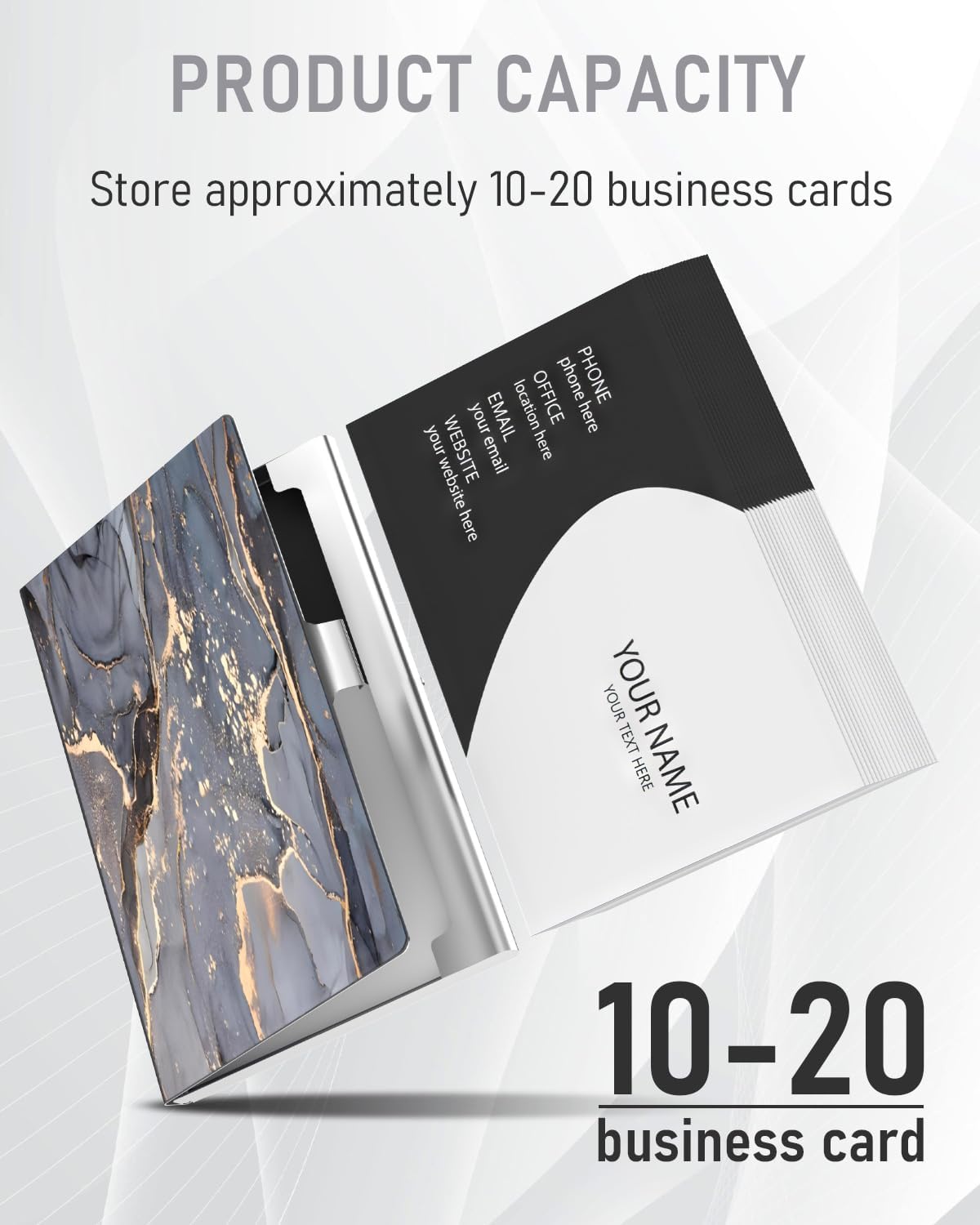 Business Card Metal Slim Organizer, Professional Stainless Steel Square Pocket Wallet for Office Workers, Compact and Portable for Pockets (Grey Gold Marble)