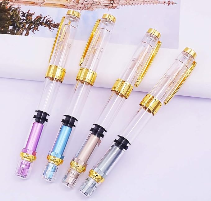 Lanxivi 4 Colors Yongsheng 3008A Fountain Pen Piston Filling Upgraded Fine Nib,Transparent Gold Trim