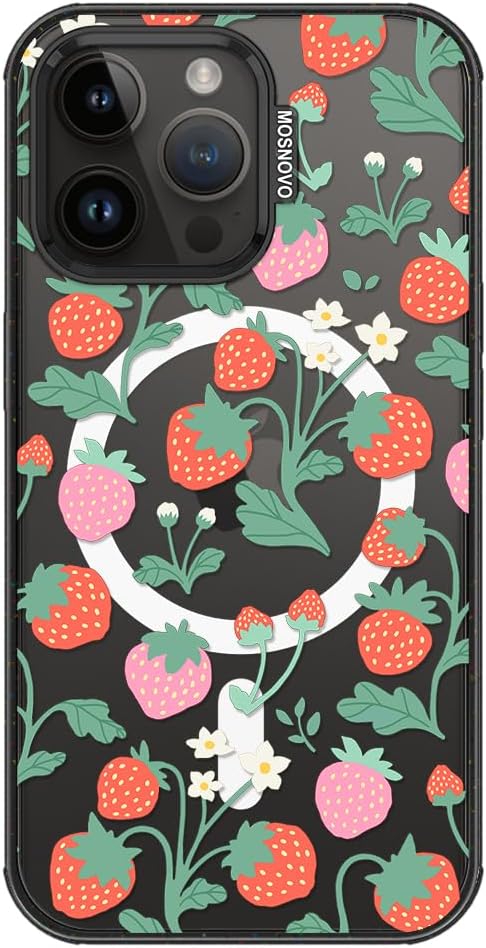 MOSNOVO Magnetic Case for iPhone 14 Pro Max, 10ft Military-Grade Protection, Compatible with Magsafe, Shockproof Phone Case for iPhone 14 Pro Max - Strawberry Garden - Clear Black