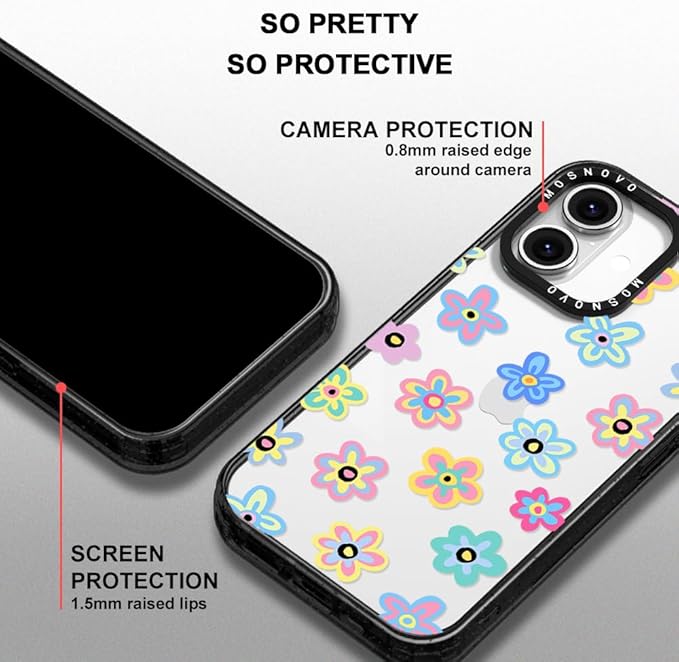 MOSNOVO Case for iPhone 16 Plus, [10ft 4X Military-Grade Drop Protection] Durable & Shockproof Phone Case Cover Design for iPhone 16 Plus - Groovy Flower - Clear Black