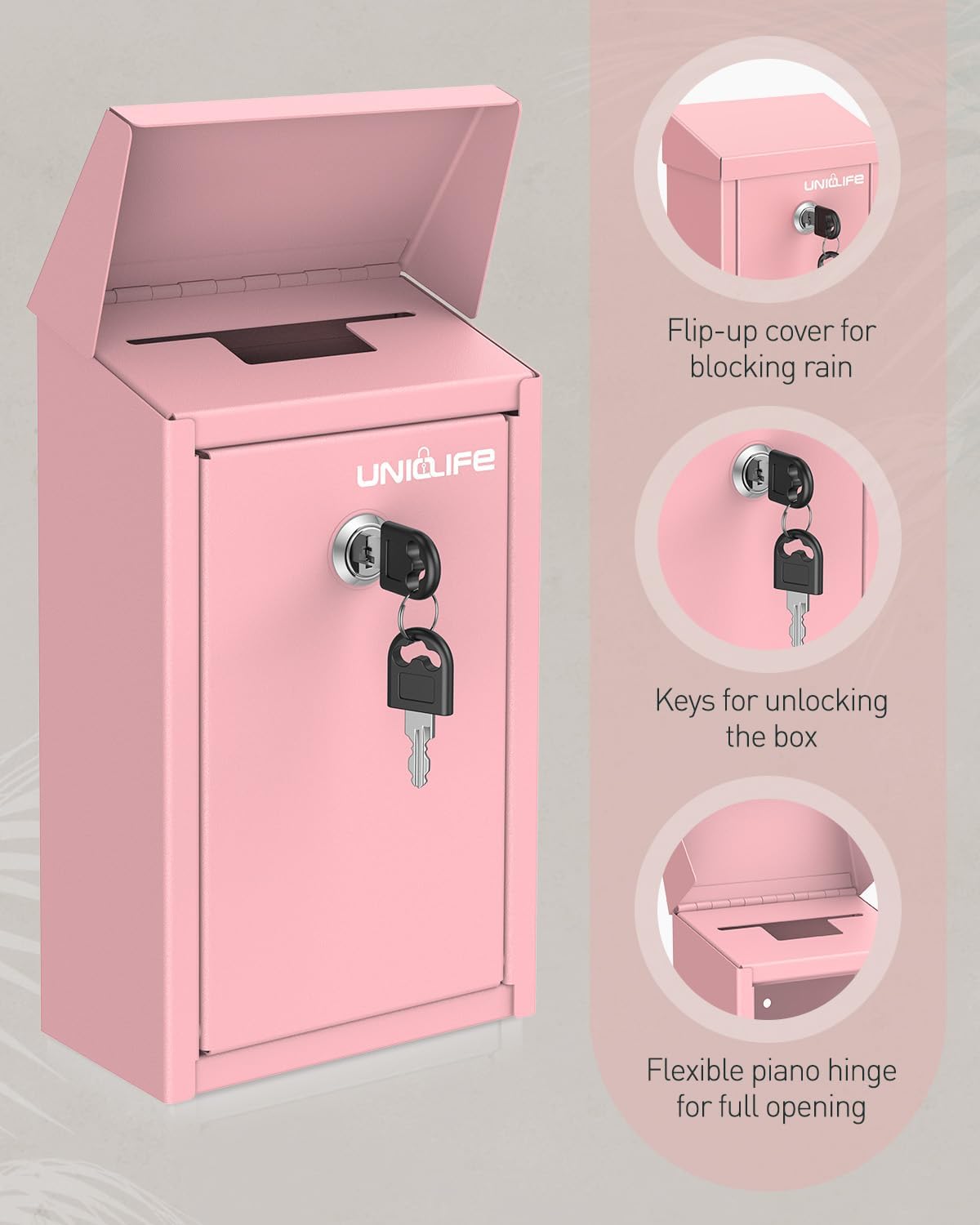 Uniclife Pink Key Drop Box for Outside, Metal Safe Suggestion Box with Key Lock, Collection Boxes Donation Chest, Wall Mounted Mailbox with Top Slot, Steel Cash Drop Chest for Home Office Business