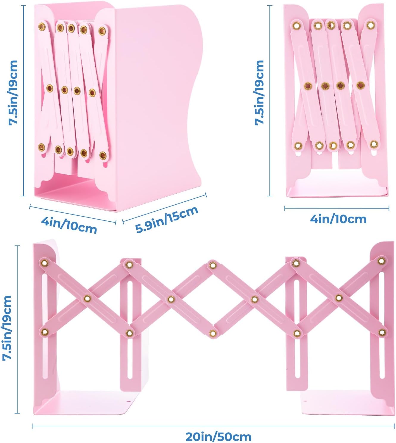 M&G Adjustable Bookends Book Ends for Shelves, Metal Bookend for Heavy Books, Desk Magazine File Organizer Holder Extends up to 20in, Book Stopper for Home, Office, Classroom (Pink)