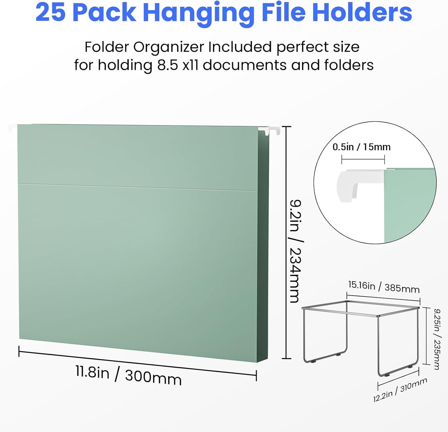 Hanging File Folders Letter Size, 25 Pack File Organizer Folders, 1/5-Cut Tabs With Hanging File Folder Framer, Heavy Duty 2 Inch Expansion, Stay Organized for Your Home and Office Bulk File.