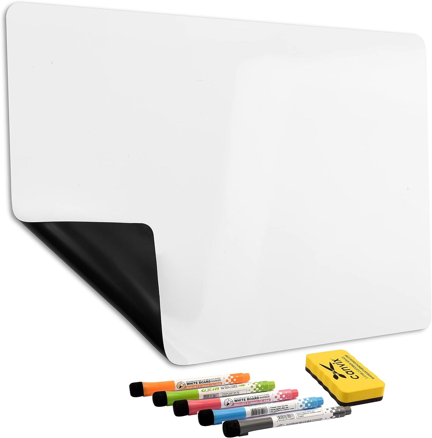 Magnetic Dry Erase Whiteboard for Refrigerator – Magnetized, Removable, Residue-Free Art and Memo Board for Family, Kids, Home, and Office – Magnetic Markers & Eraser Included (17 x 11 Inches)