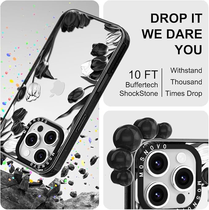 MOSNOVO Case for iPhone 16 Pro, [10ft 4X Military-Grade Drop Protection] Durable & Shockproof Phone Case Cover Design for iPhone 16 Pro - Black White Tulips - Clear Black