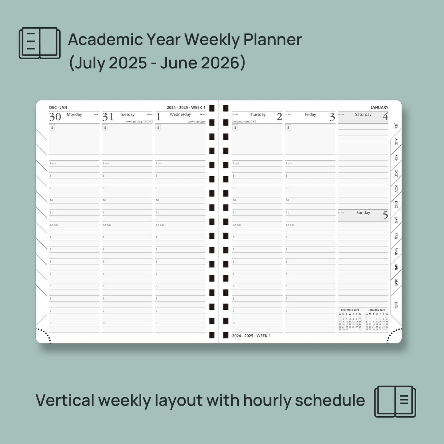 POPRUN Planner 2025-2026 (Medium - 6.5'' x 8.5'') Academic Weekly Calendar (July 2025 - June 2026) with Hourly Time Slots, Monthly Tabs, 100GSM Thick Papers, Spiral Leather Cover - Purple