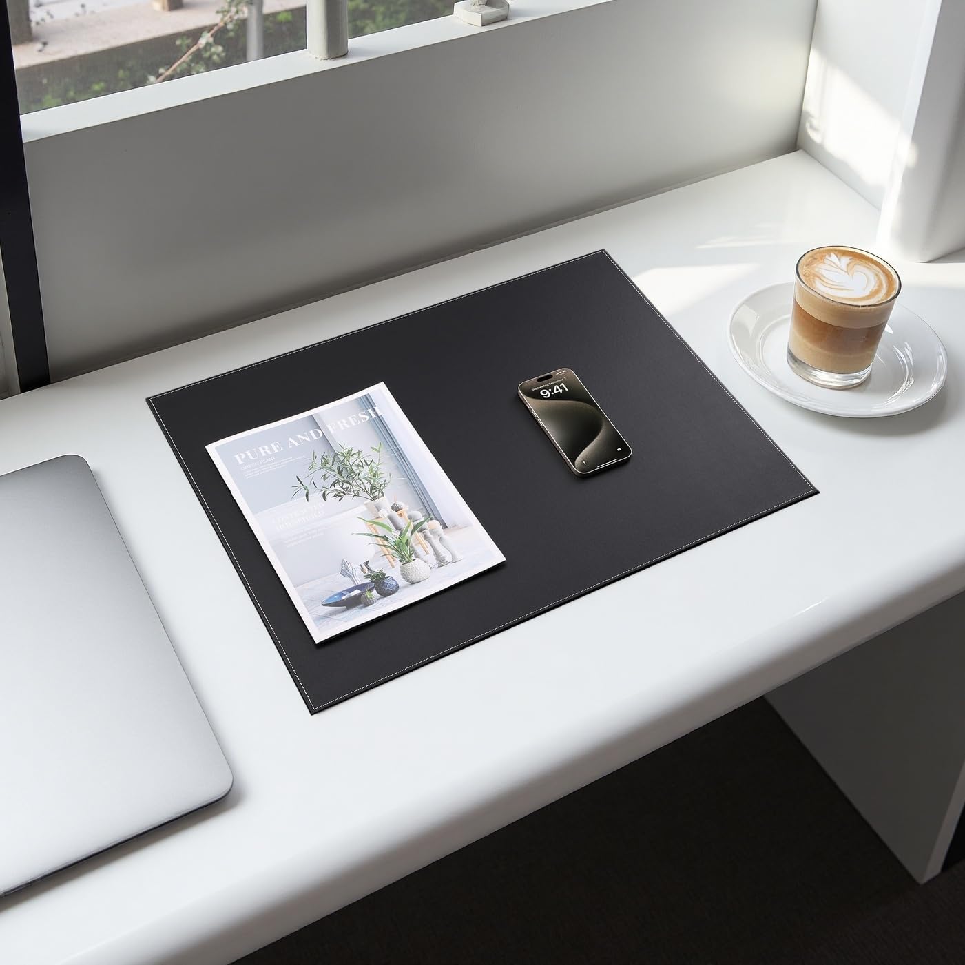 KINGFOM Desk Pad & Mat 24" x 18" Protector Large Mouse Pad PU Leather for Desktops and Laptops (Black)