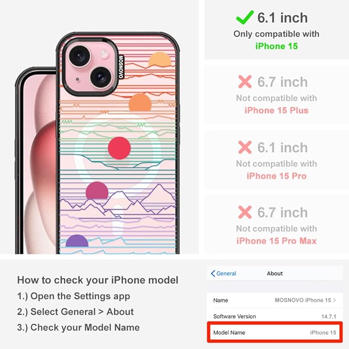 MOSNOVO Magnetic Case for iPhone 15, 10ft Military-Grade Protection, Compatible with Magsafe, Shockproof Phone Case for iPhone 15 - Sunrise and Sunset - Clear Black