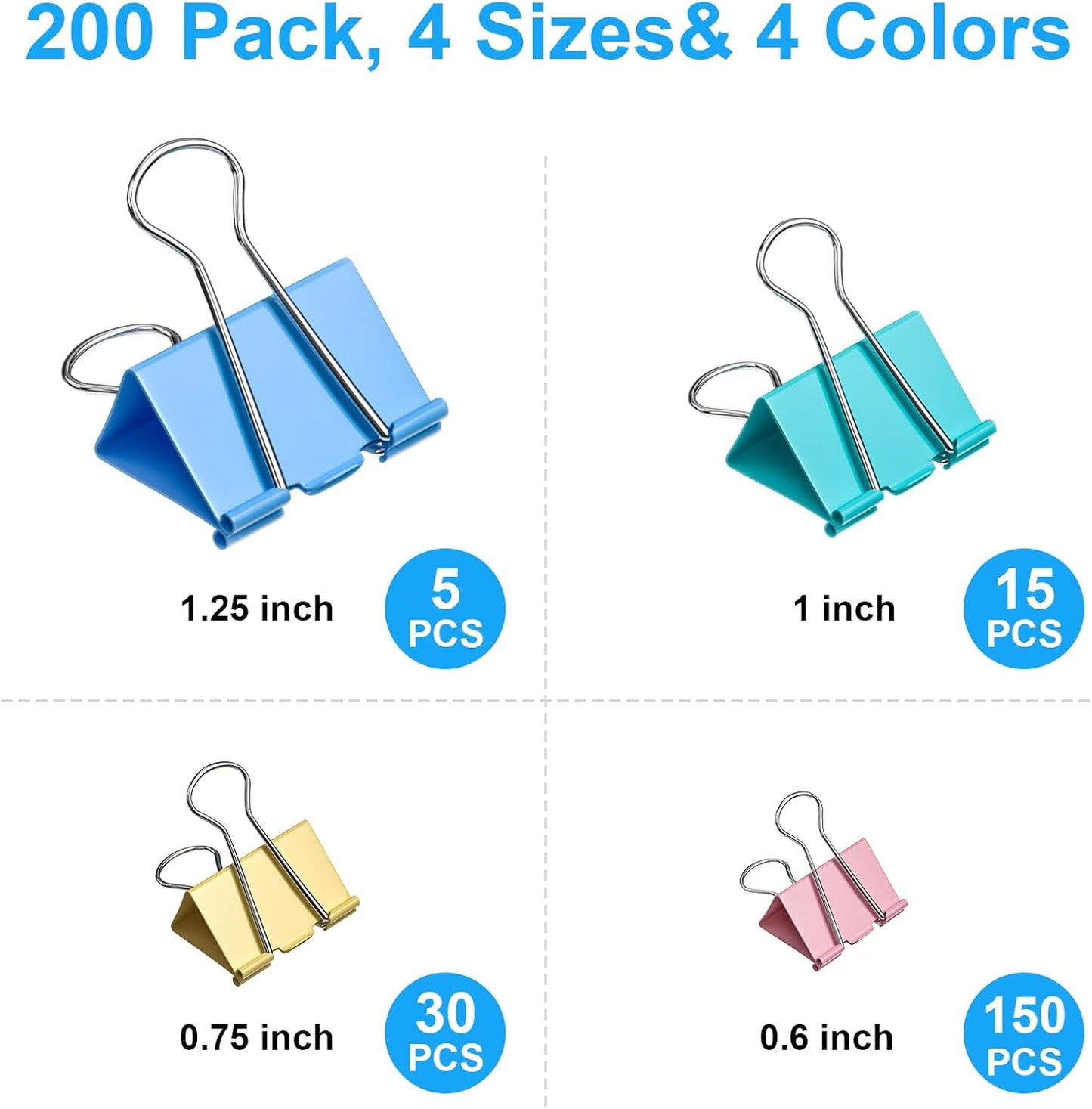 200 Count Colored Binder Clips Assorted Sizes, 4 Sizes Large, Medium, Small, Mini, Metal Paper Clamps, Bulk Clips Office Supplies (1 1/4", 1", 3/4", 1/2 Inch) KKEETUR