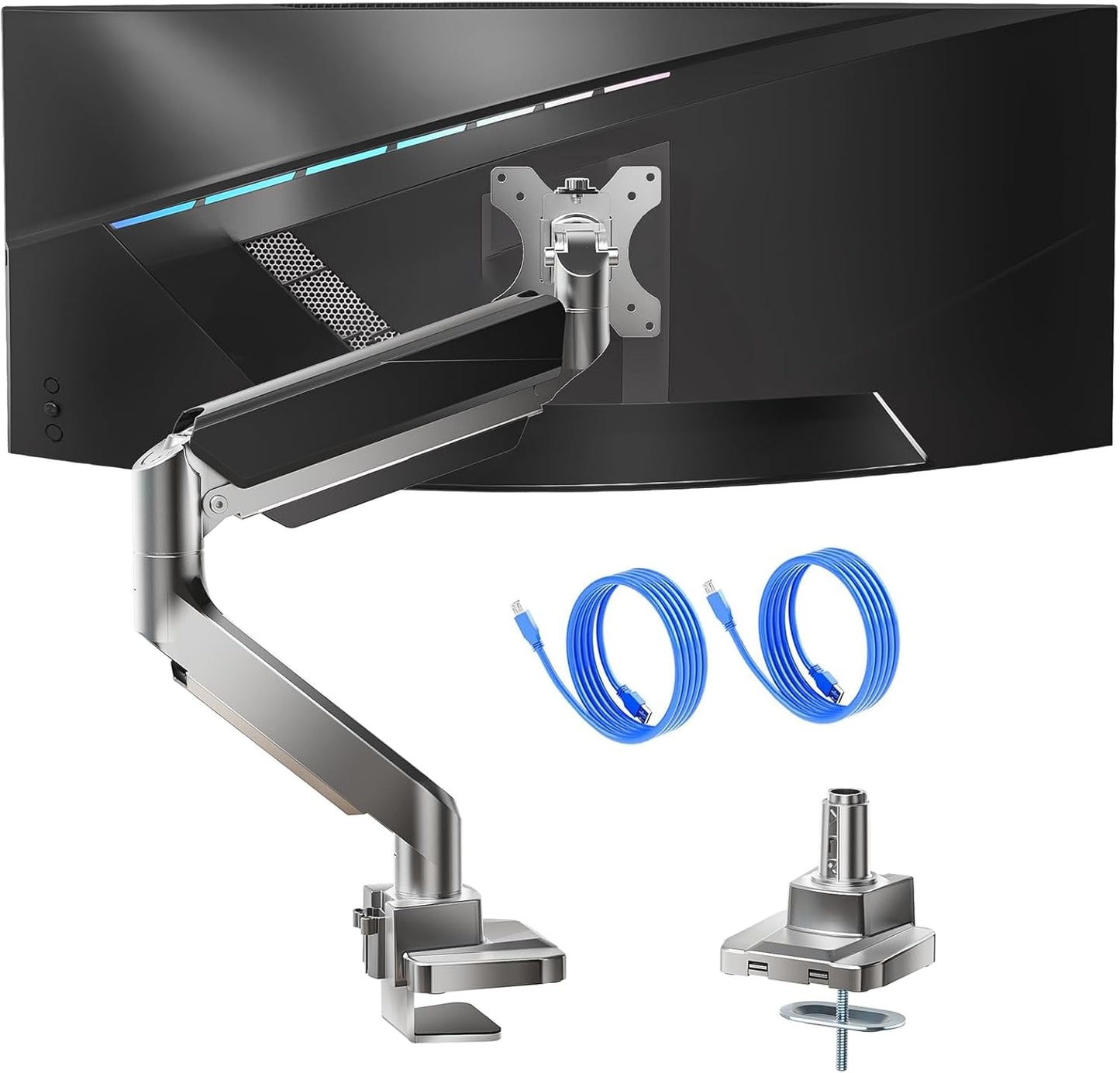 WALI Ultrawide Monitor Arm for 13 to 49 Inch Heavy Duty Curved Screens, Adjustable Gas Spring Single Monitor Desk Mount with 2 USB 3.0 Ports, Holds 33 lbs, 75x75/100x100 VESA, Silver (GSMU001)