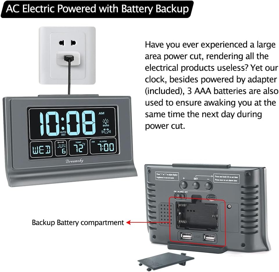 DreamSky Digital Alarm Clock with Battery Backup, 5 Inch Large Display, Auto Set Clock, USB Charging Ports, 12/24H