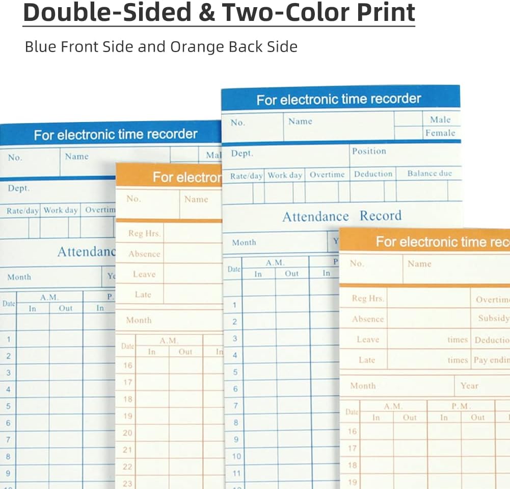 100-Piece Time Cards for Employees, Monthly Time Cards 2-Sided, 2-Color Timecards for Time Clocks, Blue/Orange Print, 7-3/8 x 3-3/8 Inch