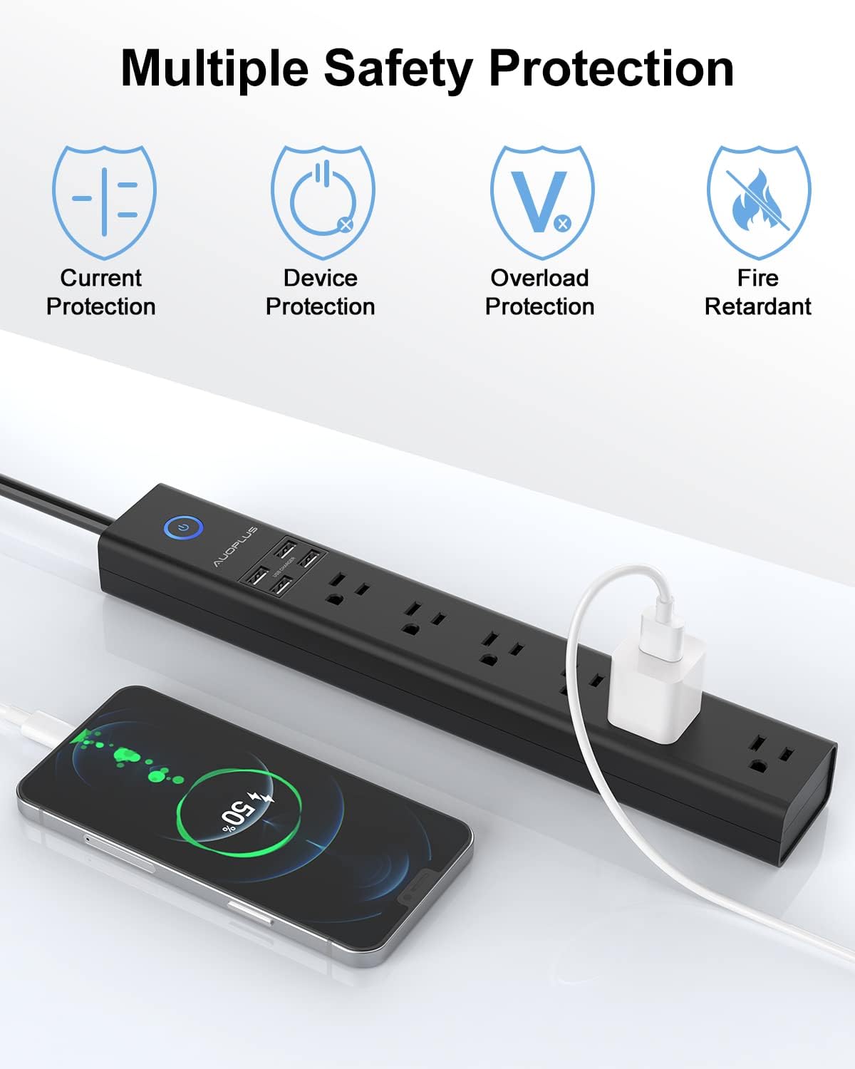 Surge Protector Power Strip with USB, AUOPLUS 10FT Outlet Strip, 6 Outlet and 4 USB Charger,[Flat Plug/Wall Mountable], 1250W/10A/2100J, Long Extension Cord for Computer iPhone Home Office Dorm