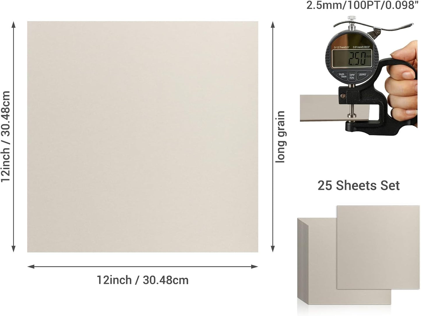 25 Pcs Book Board, Binder Board, Cover Board, Heavy Duty Chipboard for Book Binding, DIY Cardboard (Gray, 12 x 12 Inch 100PT)