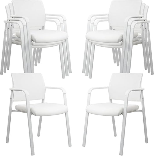 CLATINA Stacking Office Chairs | Mesh Back, Thicken Leather Seat and Arms, Ergonomic Lumber Support | Guest Reception, Waiting, Conference, School, Party, Customer, Side, Stationary | Set of 8, White