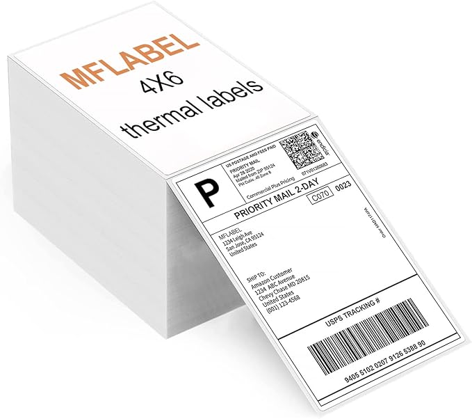 MFLABEL Fanfold 4" x 6" Direct Thermal Labels White Perforated Shipping Label,32 Stacks,Total 32000 Labels