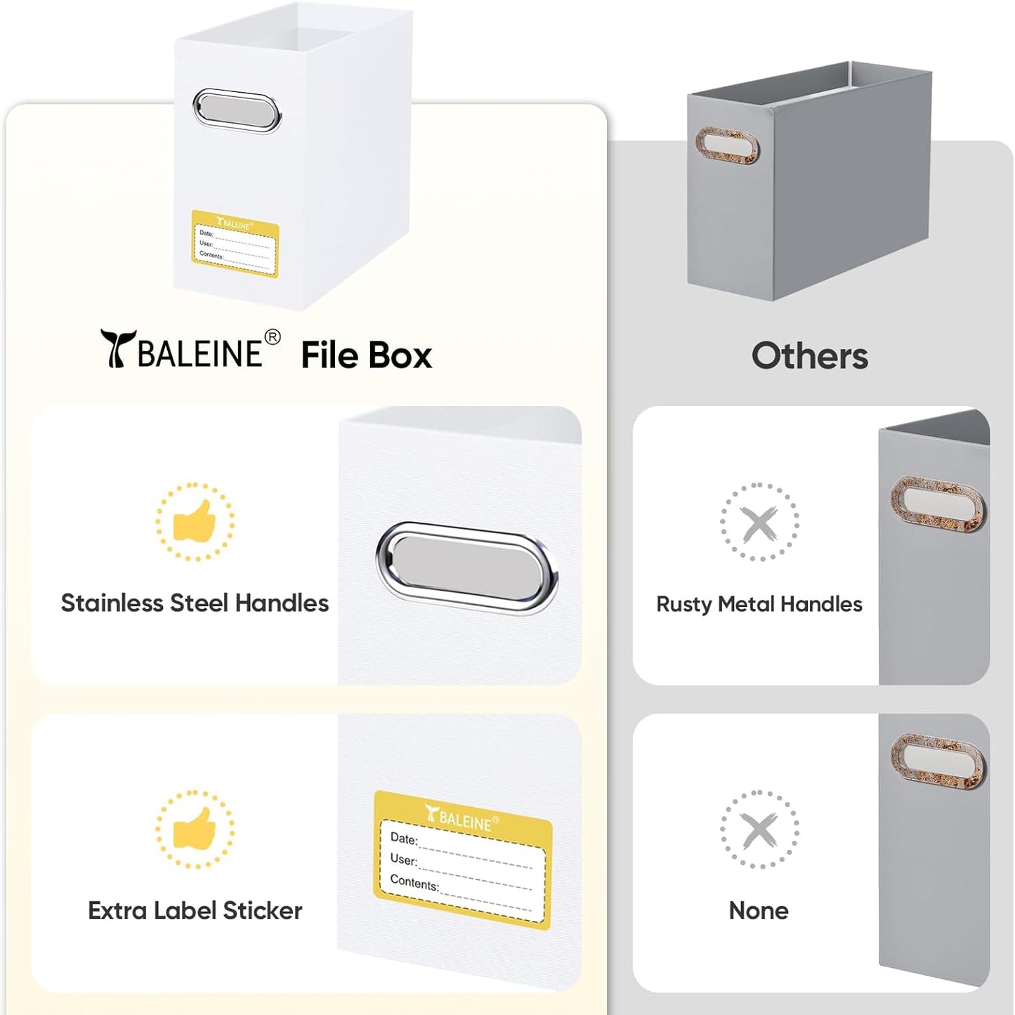 BALEINE File Organizer Box, Cardboard File Folder Organizer with Handle for Letter Size, Portable Collapsible Hanging Filing Box for Home Office Document Storage (4 Pack, White)