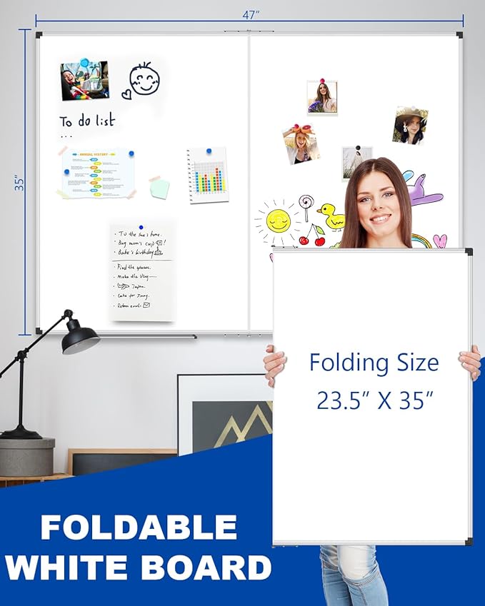 XBoard Magnetic Dry Erase Board 48 x 36 Inch, 4' x 3' Foldable White Board for Wall with Marker Tray, Silver Aluminum Frame Folding Message Presentation Board