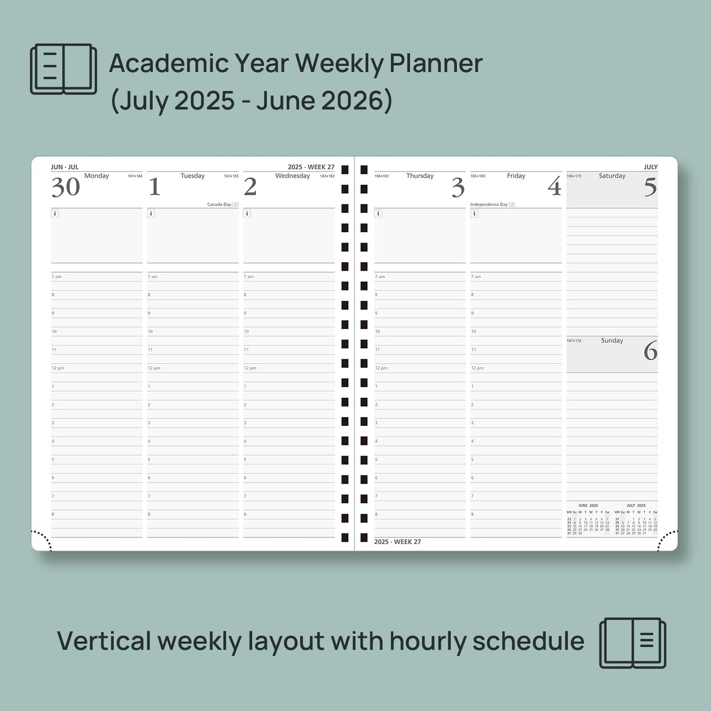 POPRUN Planner 2025-2026 (Large - 8.5'' x 10.5'') Academic Weekly Calendar (July 2025 - June 2026) with Hourly Time Slots, Monthly Tabs, 100GSM Thick Papers, Spiral Leather Cover - Blue Green