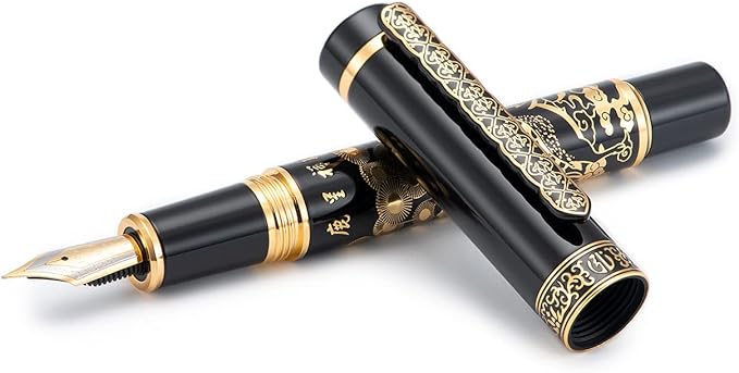 Hongdian 8037 Chinese Classical Fountain Pen, Iridum Extra Fine Gold Nib with Chinese Deer Totem Design, Smooth Writing Pen with Ink Converter and Metal Pen Box Set