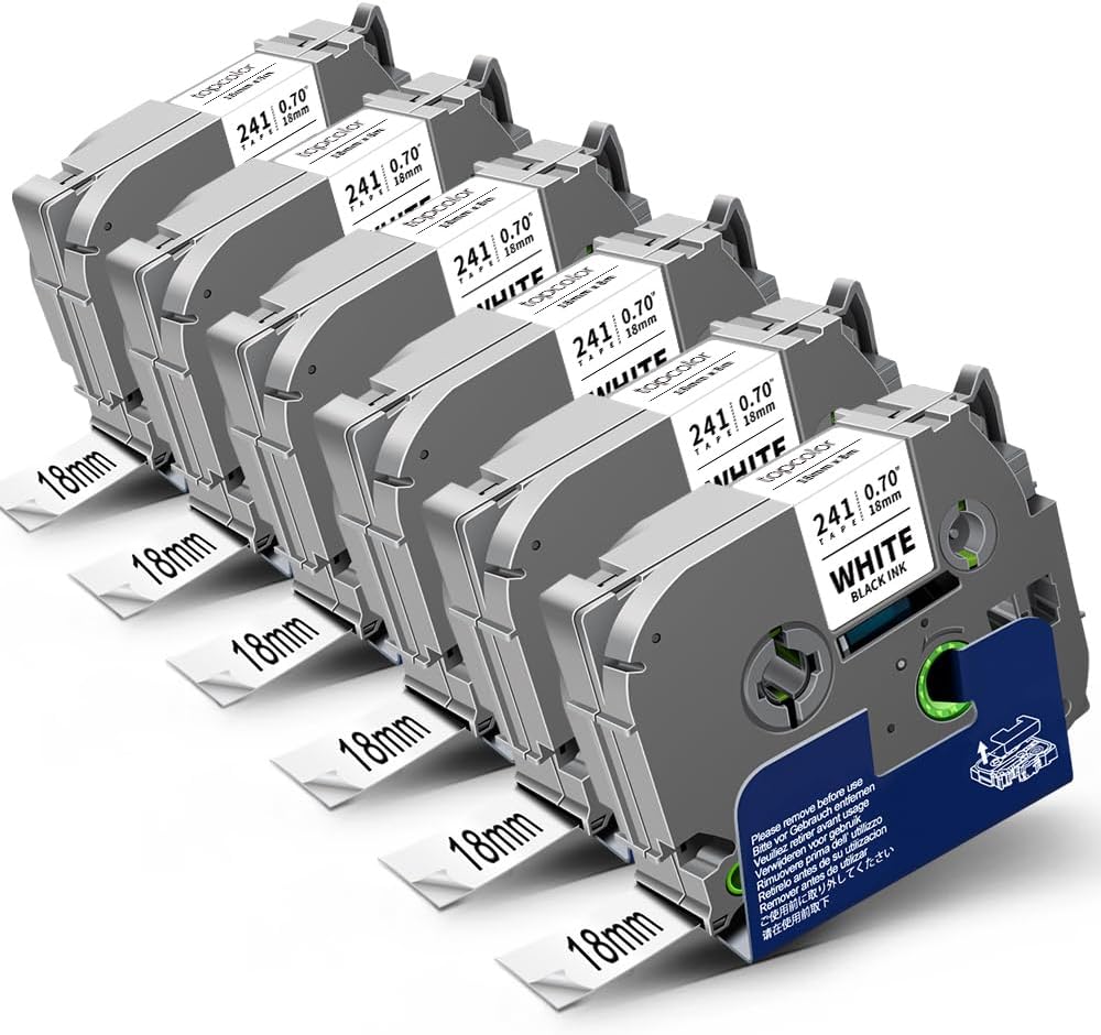 6-Pack Tze 18mm 0.7" Laminated White Compatible for Brother Tze-241 Tze241 Tz-241 Tz241 3/4 Inch Black on White Tz Label Tape 18mm for P Touch Label Maker PTD410 PTD400 PTD610BT PTD600 PTD460