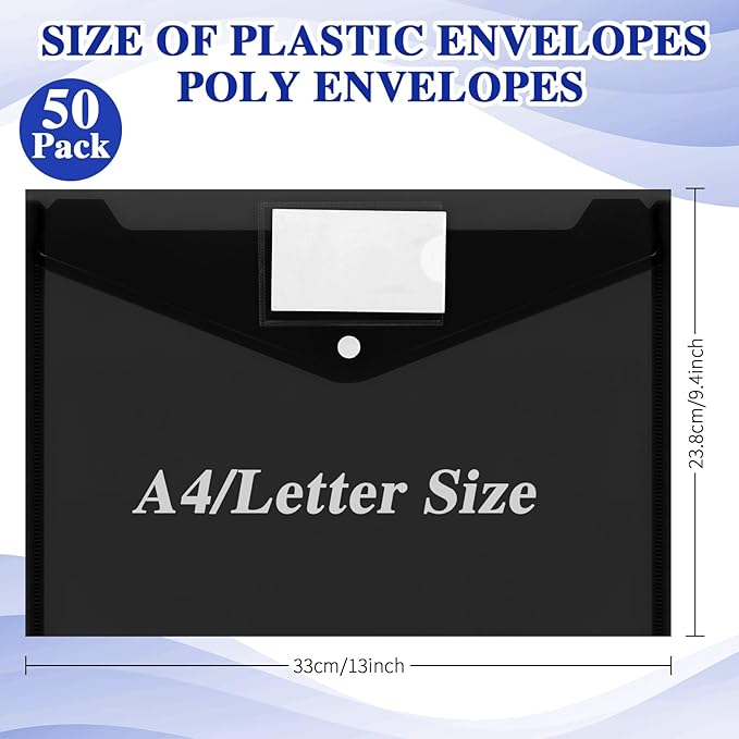 Yeaqee 50 Pcs Plastic Envelopes Poly Envelopes File Folders with Snap Button Closure Clear Folders for Documents US Letter A4 Size Filing Holder with Label Pocket for Home Office School(Black)