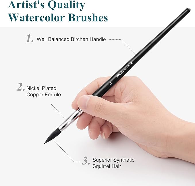 Watercolor Brushes Professional, Fuumuui 9Pcs Synthetic Squirrel Paint Brush Set for Adults Round Pointed Detail to Mop for Watercolor Gouache Acrylic Ink Painting
