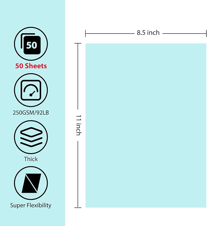 OcePor 50 Sheets Blue Cardstock Paper, Colored Printer Paper 8.5 x 11, Card Stock Thick Construction for Craft,Scrapbook，Office Printing, Invitations, Certificates，92 lb/250gsm