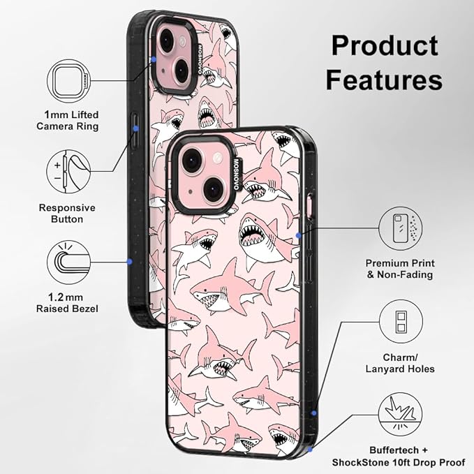 MOSNOVO Case for iPhone 15 Plus, [10ft 4X Military-Grade Drop Protection] Durable & Shockproof Phone Case Cover Design for iPhone 15 Plus / 14 Plus - Pink Sharks - Clear Black