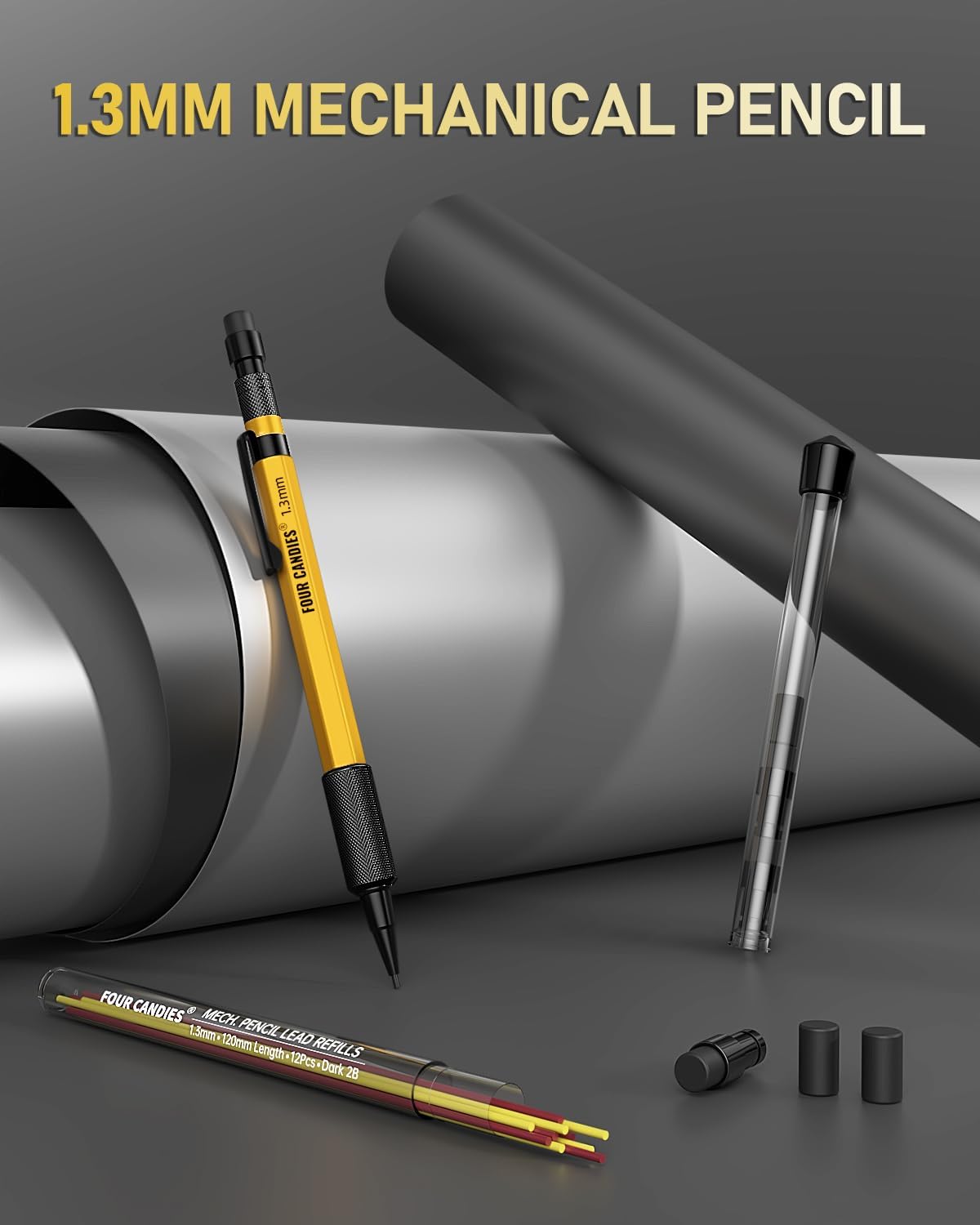 Four Candies 1.3mm Mechanical Pencil Set with 24 Lead Refills, Metal Weatherproof Heavy Duty Outdoor Carpenter Pencil, Eraser, 6 Eraser Refills for Architect Drafting Woodworking Marking with Case