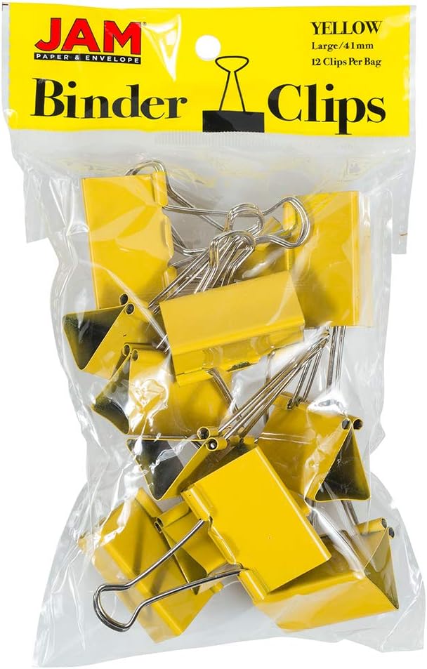 JAM PAPER Colorful Binder Clips - Large - 1 1/2 Inch (41 mm) - Yellow Binderclips - 12/Pack